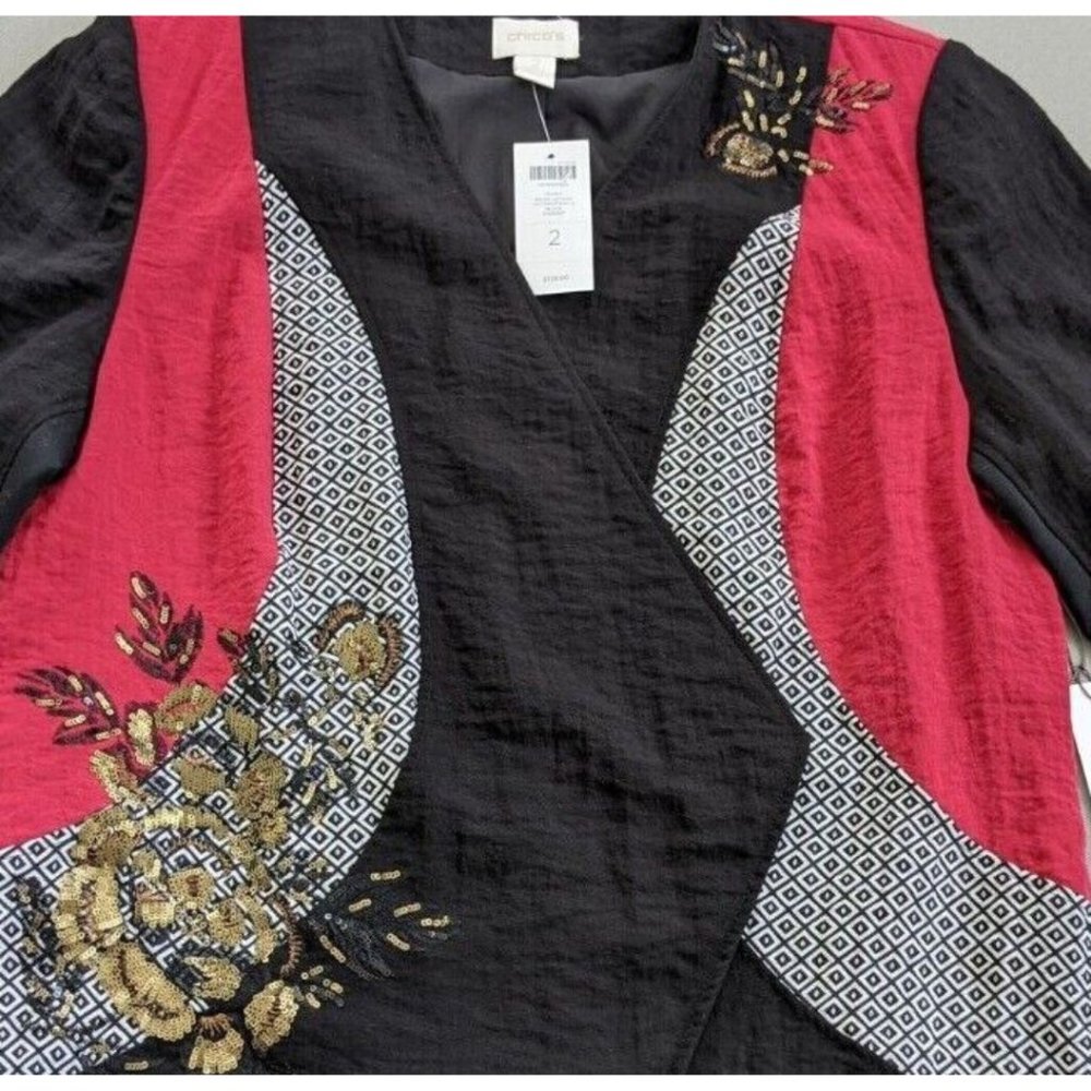 Chico's Size 2 LARGE Pieced Artisan Long Sleeve Jacket Open Front Sequin $139 NW